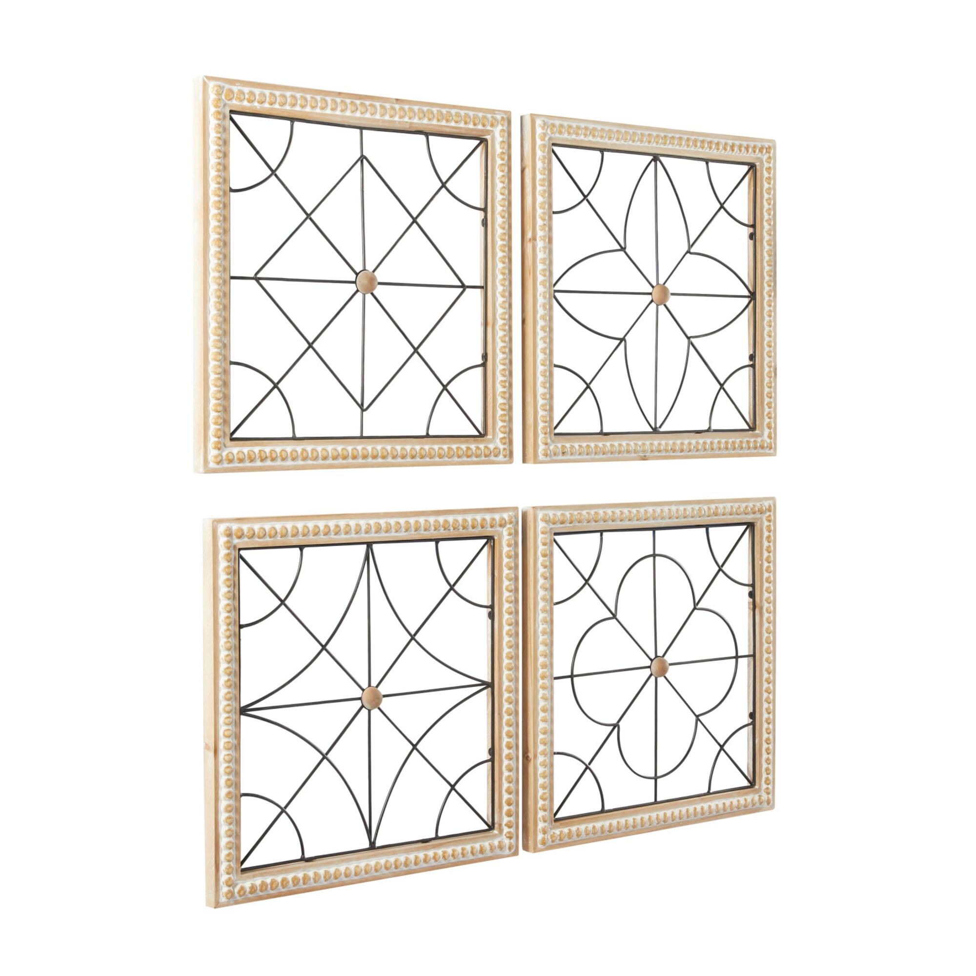 Brown Wood Carved Beading Geometric Wall Decor with Metal Wire Set of 4 16", 16"